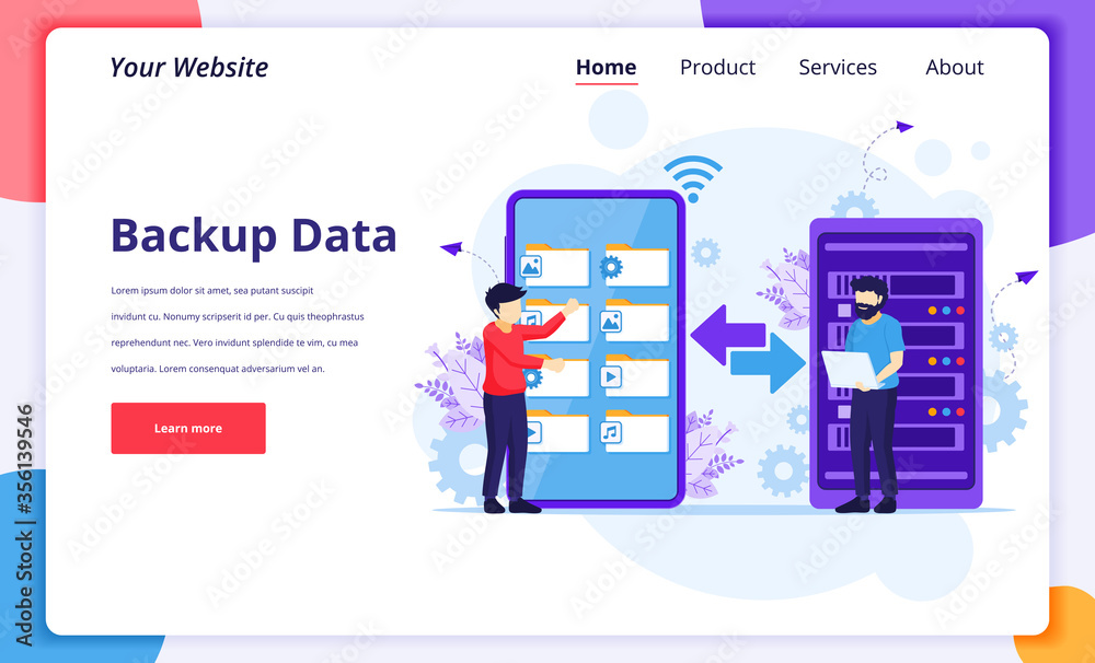 Poster backup data concept, people copying files or files transfer process on a giant smartphone to server.