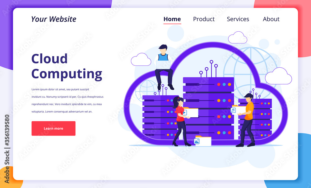 Wall mural cloud computing concept, people working on laptop and server, digital storage, data center. modern f