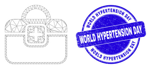 Web mesh first-aid case pictogram and World Hypertension Day seal. Blue vector round scratched seal stamp with World Hypertension Day caption.