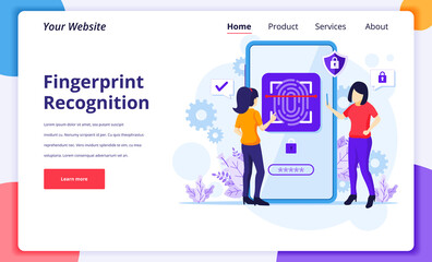 Fingerprint recognition technology concept. Women trying to access her mobile phone with biometric access control. modern flat landing page design for website and mobile website. Vector illustration