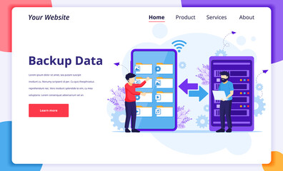 Backup data concept, People copying files or files transfer process on a giant smartphone to server. Modern flat landing page design for website and mobile website. Vector illustration