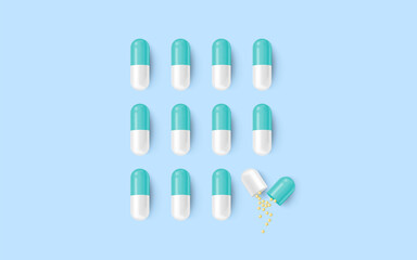 Capsule pills arranged in square order and one of them is open.
