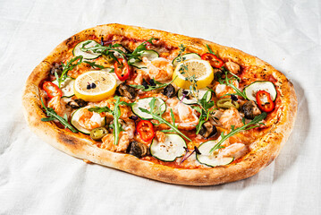 seafood pizza with lemon and arugula