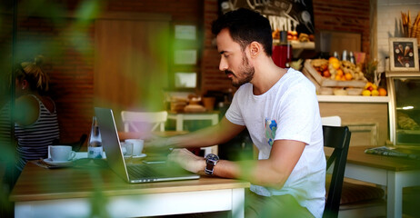  handsome man reading text message during work on net-book in comfortable coffee shop