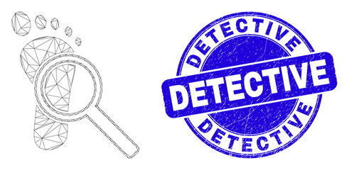 Web mesh footprint audit magnifier icon and Detective seal stamp. Blue vector rounded textured watermark with Detective phrase.