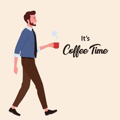 a male employee who is taking a break holding coffee while walking