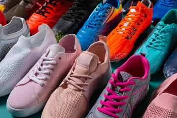 many colored sports shoes, sneakers and football shoes, stand in a row, concept, close-up