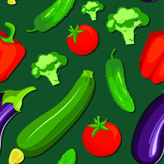 Vegetable pattern on green background. Broccoli, tomato, eggplant and pepper