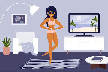 Summer time 2020 at home. Quarantine isolation. Young woman watches sea on tv screen and dreams of vacation, beach. Girl in swimsuit tans under lamp in apartment. Imaginary travel vector illustration