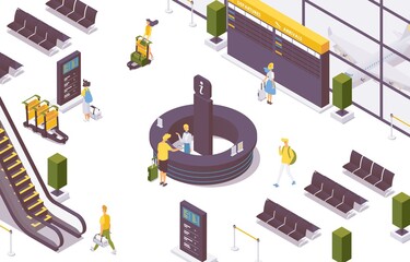 Isometric vector scene with train station or airport information counter desk with passengers walking with baggage. Concept interior