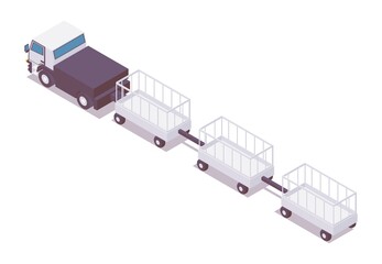 Isometric baggage carrier vehicle with carts rear back view