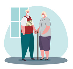 stay at home, quarantine or self isolation, old couple wearing medical mask, prevention and health concept vector illustration design