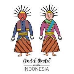 A male and female ondel-ondel from Indonesia. Ondel-ondel is a form of Betawi, Indonesia, folk performance which is often performed at public parties.