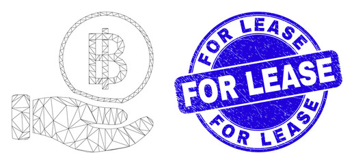 Web carcass hand offer bitcoin pictogram and For Lease watermark. Blue vector round grunge watermark with For Lease title.