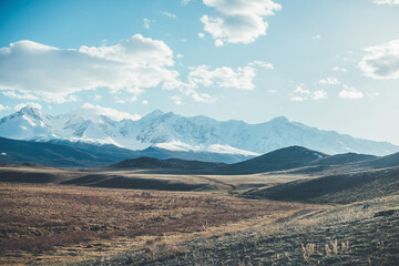 Snow-capped mountains. Mountain Altai. Kurai steppe