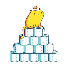 Cute orange kitten with a crown sitting on a toilet paper mountain. Design for stickers, t-shirts, posters, cards. Isolated on white background