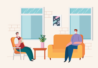 stay home, quarantine or self isolation, men sitting in couch in the living room vector illustration design