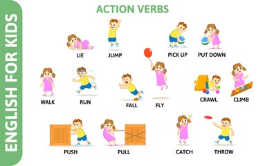 English for kids playcard. Action verbs with playing characters. Word card for english language learning. Colorful flat vector illustration.