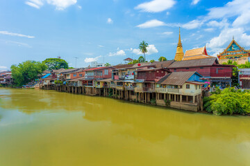 Fototapeta premium Village near river, Chanthaburi Old Town Waterfront ,Landmark with old building village in Chanthaburi Thailand.