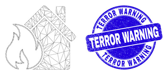 Web mesh house fire damage pictogram and Terror Warning stamp. Blue vector round scratched stamp with Terror Warning text.