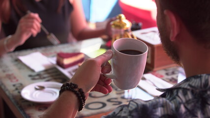 Delicious  cake dessert and french press coffee in restaurant or cafe. 