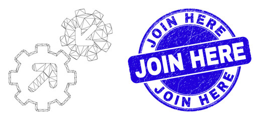 Fototapeta premium Web carcass integration gears pictogram and Join Here stamp. Blue vector round scratched seal stamp with Join Here phrase.