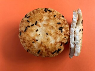seaweed rice crackers on colored background