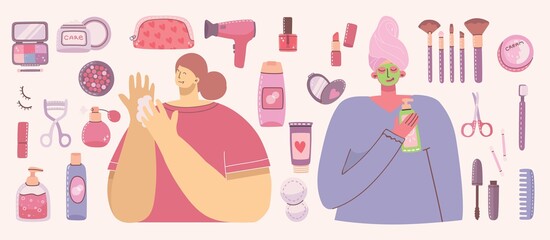 Collage of cosmetics and body care products for make up around girlS with cosmetic bag.