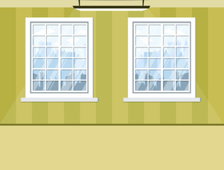 empty room with windows green wall and floor. Background for design with shadow from lamp. Pastel wallpaper Room interior. Vector illustration