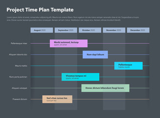 Simple business project time plan template with project tasks in time intervals - dark version. Easy to use for your website or presentation.
