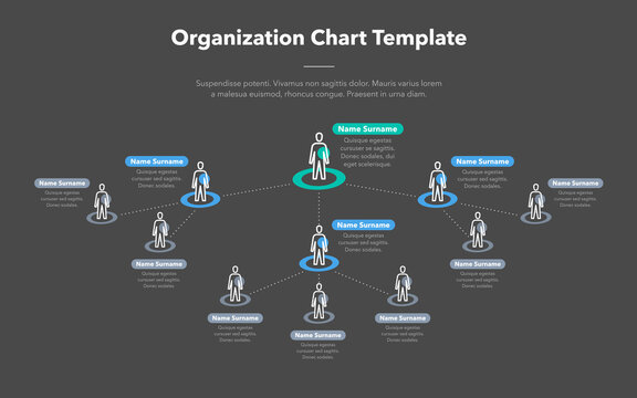 Modern simple company organization hierarchy schema template with place for your content - dark version. Easy to use for your website or presentation.