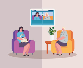 video call women online, conversation, love and support throught distance, coronavirus and covid 19 concept vector illustration design