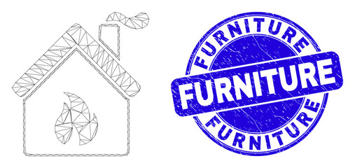 Web mesh kitchen building icon and Furniture watermark. Blue vector round distress seal stamp with Furniture title. Abstract frame mesh polygonal model created from kitchen building icon.