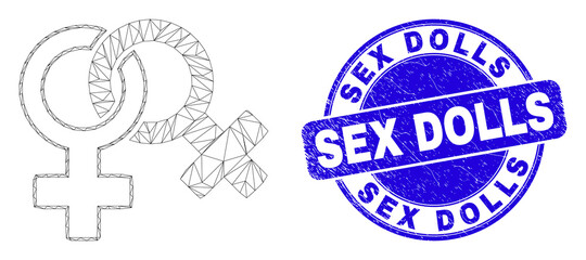Web carcass lesbian symbol pictogram and Sex Dolls seal. Blue vector round distress seal with Sex Dolls message. Abstract carcass mesh polygonal model created from lesbian symbol pictogram.