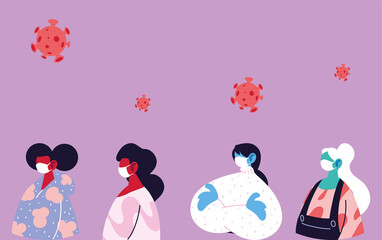 Women cartoons with masks and covid 19 vector design