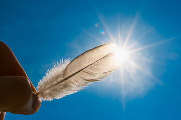 A hand holds a large feather as a symbol of freedom and peace. The pen covers part of the sun's rays.