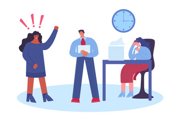 Female boss scolding his employees. Workplace stress. Vector illustration