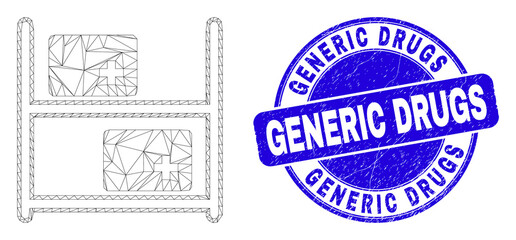 Web carcass medical goods icon and Generic Drugs seal. Blue vector rounded grunge seal stamp with Generic Drugs phrase. Abstract carcass mesh polygonal model created from medical goods pictogram.