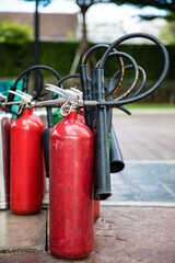 Fototapeta na wymiar Group of fire extinguisher tanks, Emergency equipment when fire