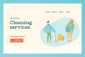 Cleaning housekeeping service website landing template with characters in uniform.