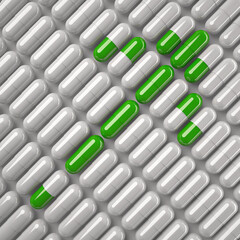 Symbolic up arrow made of white and green capsule pills. Positive dynamics and growth, effective treatment, pharmaceuticals rise. Tablets, vitamins and supplements with good reviews. 3D render.