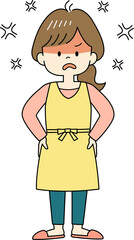 イライラしながら怒るエプロン姿の主婦（全身）