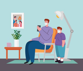 stay home, quarantine or self isolation, father and son wearing medical mask vector illustration design