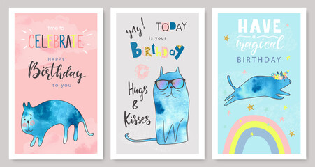 Happy birthday greeting cards and party invitation templates with funny cats, hand drawn style.Vector illustration.