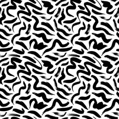 Wavy and swirled brush strokes vector seamless pattern. Black paint freehand scribbles, abstract ink background.