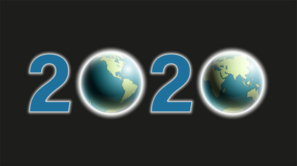 Happy New Year 2020 Earth background. Greeting card 2020 Fonts planet flyer. Color of date 2020 new year view from above banner. Celebrate brochure icon