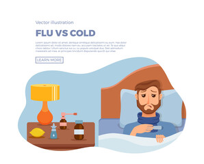Sick menl in bed with the symptoms of cold, flu.