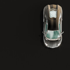 modern sports car on a black background, top view.