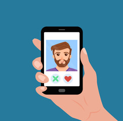 Hand holding phone with guy on the screen. Vector illustration of online dating app