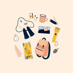 Camping stuff. Hand drawn objects. Tourism concept © kondratya